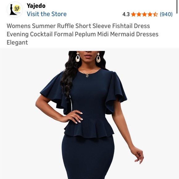 NWOT Elegant Navy Blue Ruffle Short Sleeve Fishtail Peplum Midi Dress Small - Picture 15 of 16